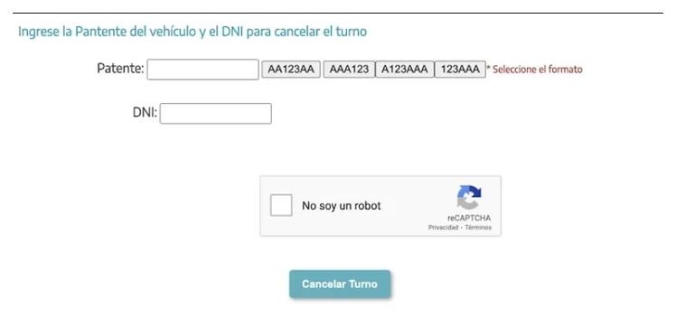 Pantalla para cancelar el turno de la VTV en Solano con patente y DNI