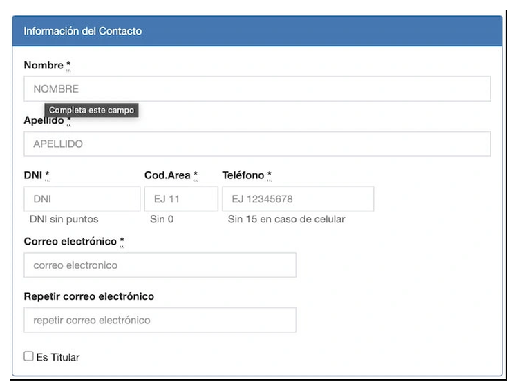 Paso 2 para sacar turno de la VTV en Solano: información del contacto